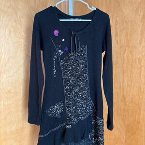 Forla Paris Black Knit Dress with Applique Design Size L